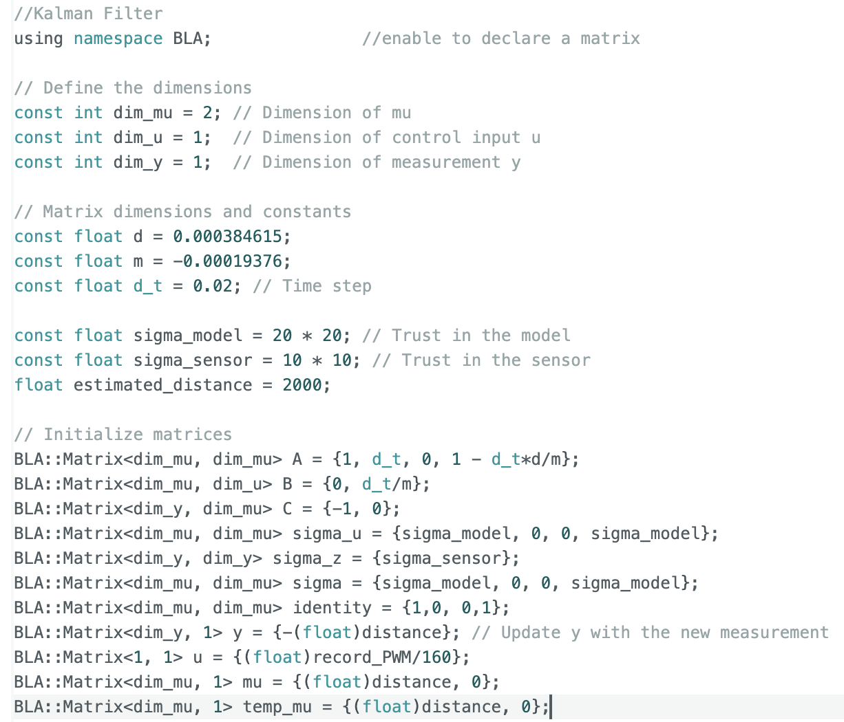 matrixes and coefficients needed for KF